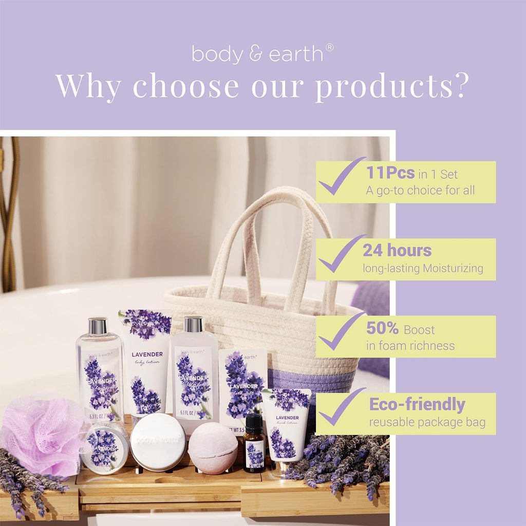 BODY & EARTH Lavender Spa Gift Set - 11 Piece Bath & Body Collection