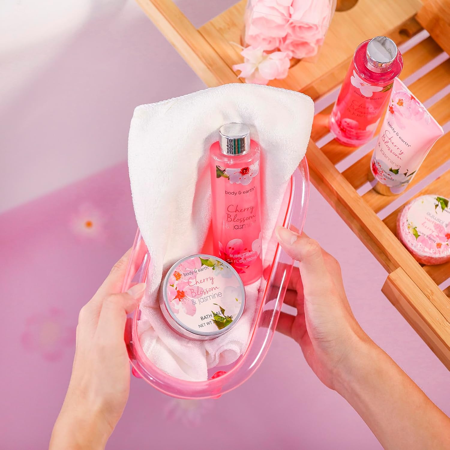 BODY & EARTH Cherry Blossom & Jasmine Spa Gift Set - 8 Piece Pamper Collection