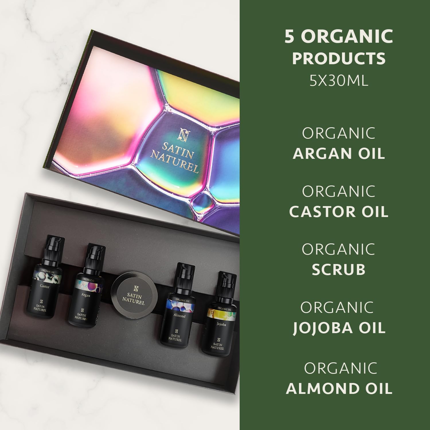 Satin Naturel Luxury Gift Set - 5 Organic Oils & Body Scrub
