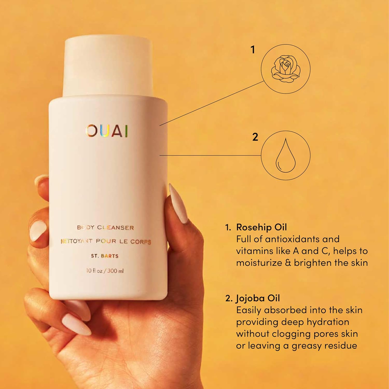 OUAI Body Cleanser, St. Barts - Foaming Body Wash with Jojoba & Rosehip Oil | 300ml