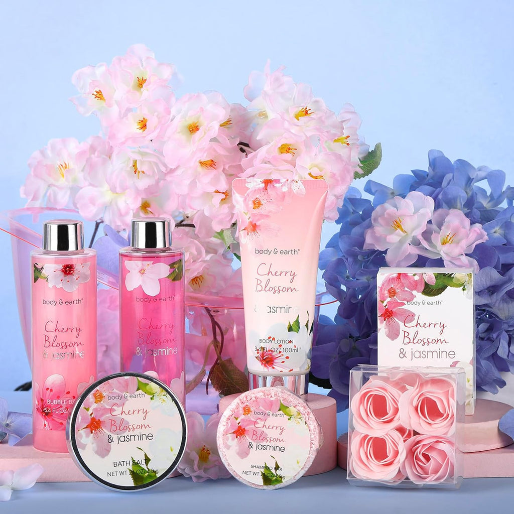 BODY & EARTH Cherry Blossom & Jasmine Spa Gift Set - 8 Piece Pamper Collection
