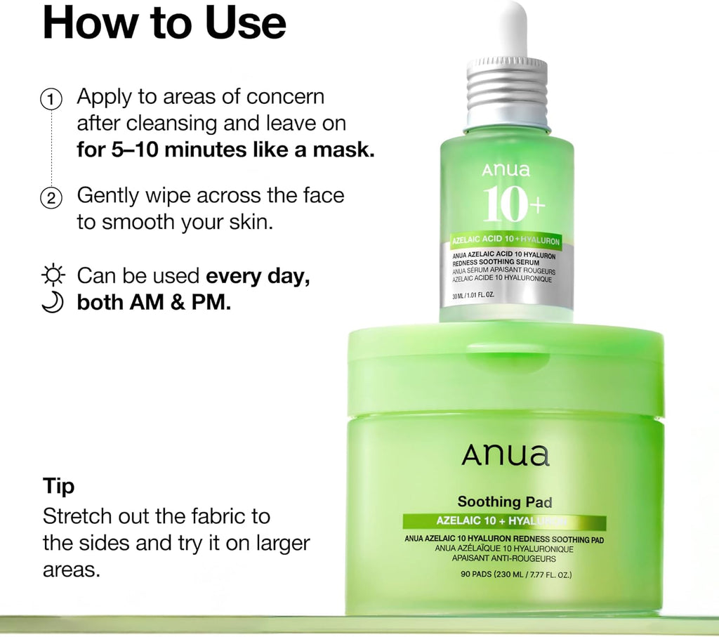 ANUA Azelaic 10 Hyaluron Redness Soothing Pads - Troubled & Spot Care, 90 Pads