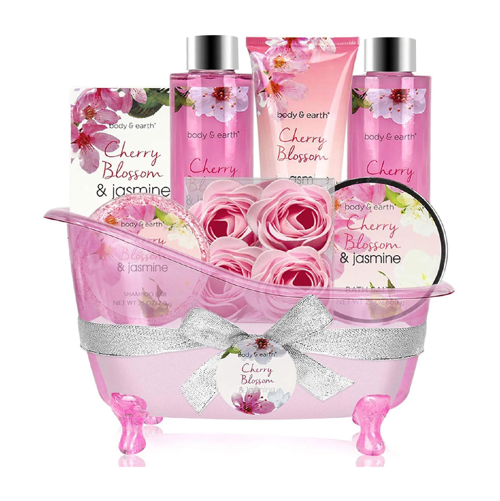 BODY & EARTH Cherry Blossom & Jasmine Spa Gift Set - 8 Piece Pamper Collection