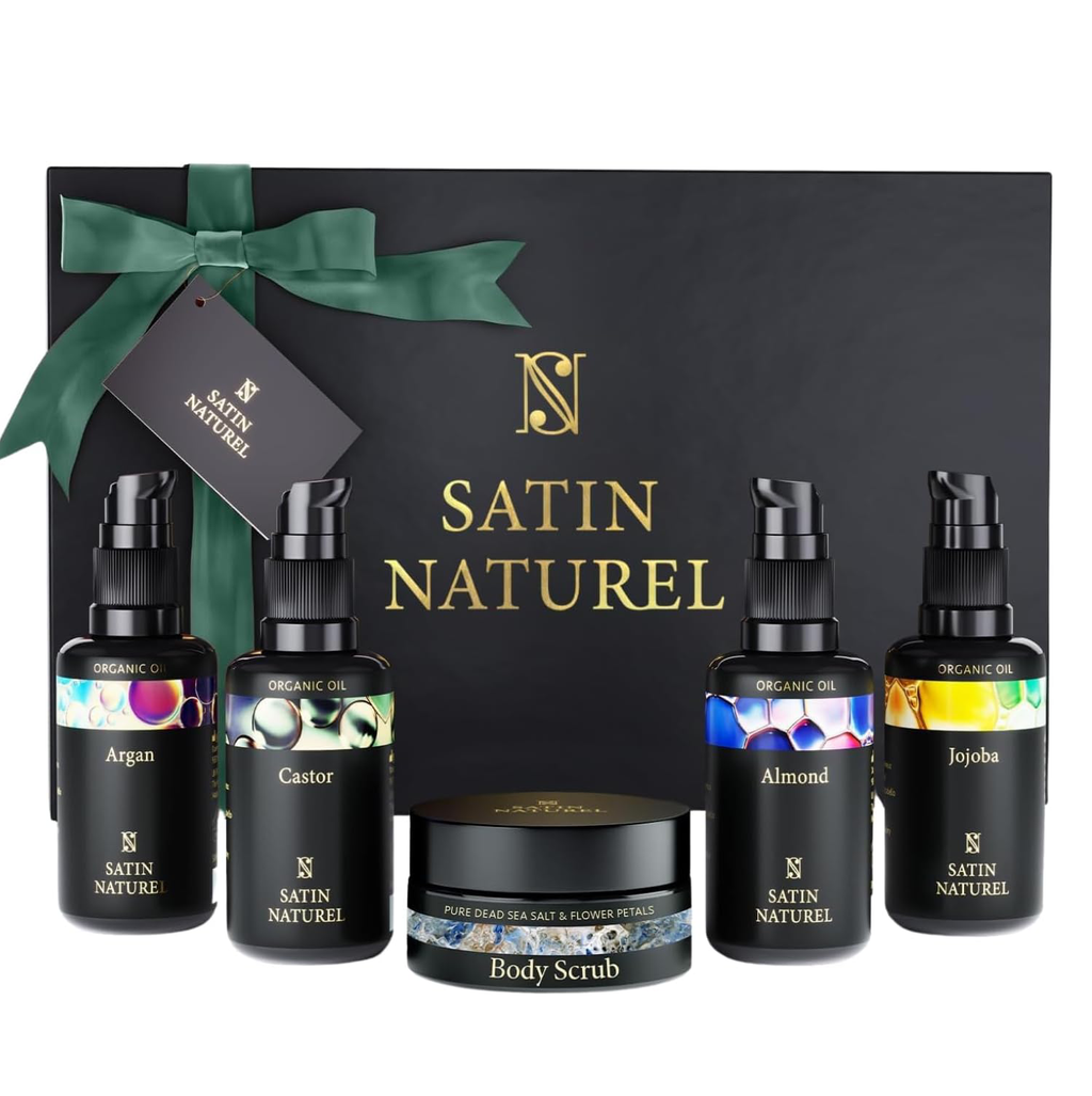 Satin Naturel Luxury Gift Set - 5 Organic Oils & Body Scrub